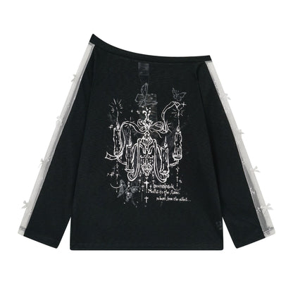 Sweet Girl Style Corset Top with Print, Asymmetrical Shoulder, Long Sleeve, Lace-up Belt, Butterfly Decoration