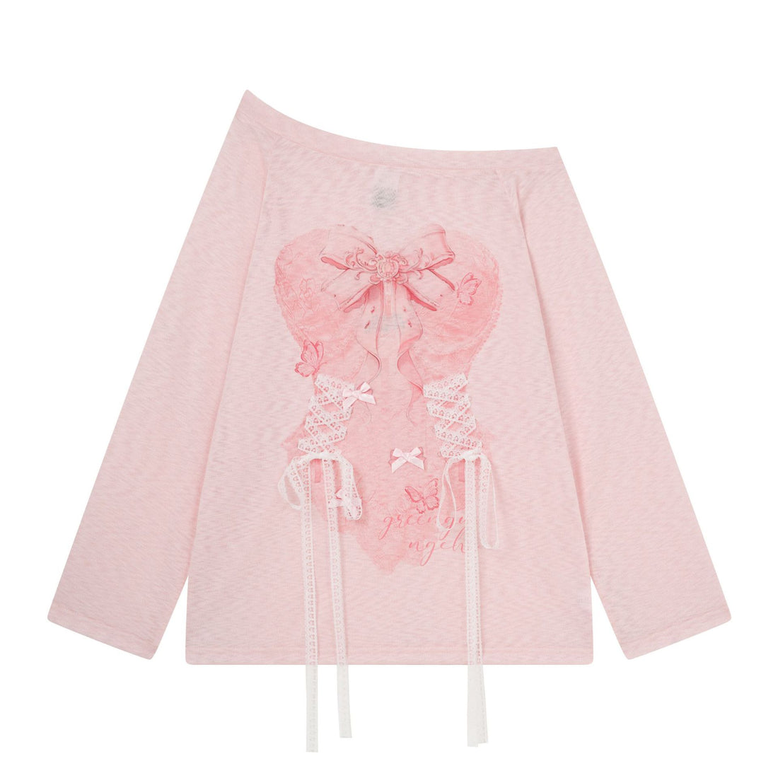 Corset Top with Print, Long Sleeve, Lace-up Belt, Butterfly Decoration, Slim Fit Top