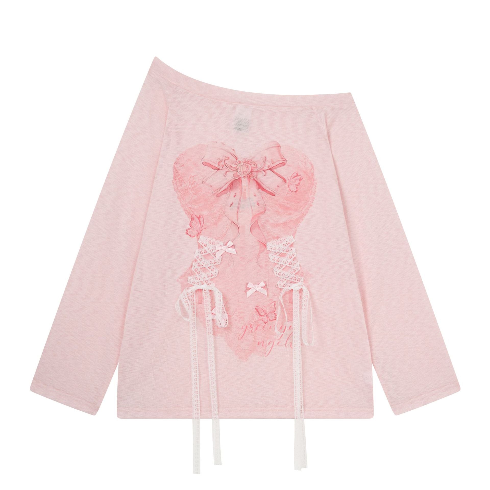Corset Top with Print, Long Sleeve, Lace-up Belt, Butterfly Decoration, Slim Fit Top