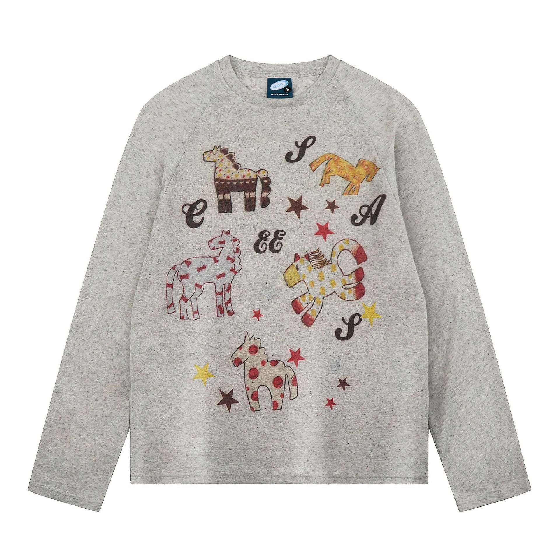 horse print loose top for women lightweight long-sleeve shirt