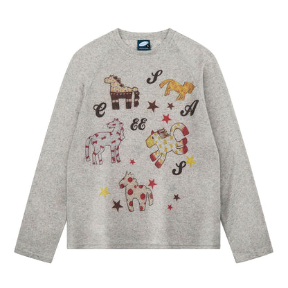 horse print loose top for women lightweight long-sleeve shirt