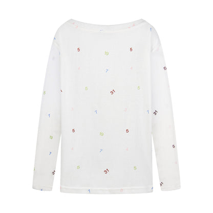 Print Button Decor Long Sleeve T-Shirt Women Loose Round Neck Casual Top
