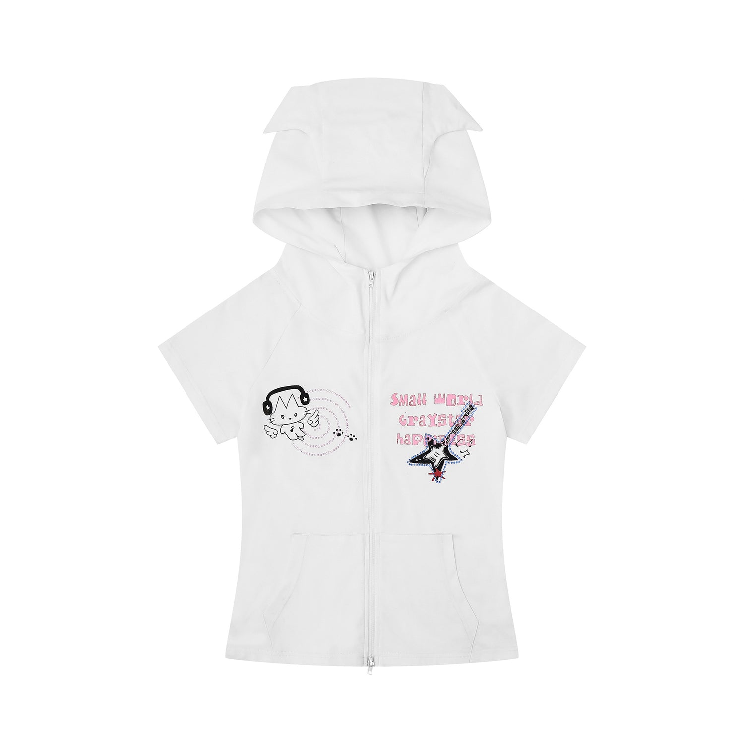 Cute Cat Ear Hoodie Short Sleeve Jacket for Women, Cartoon Guitar Print Slim Fit Top