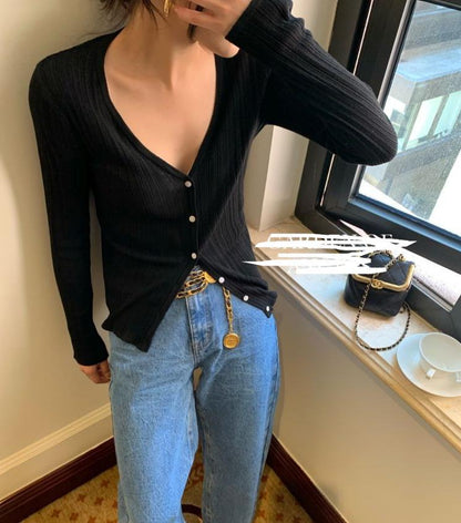 Cloud-like fine-spun superfine wool versatile cardigan/air-conditioning shirt long sleeve top