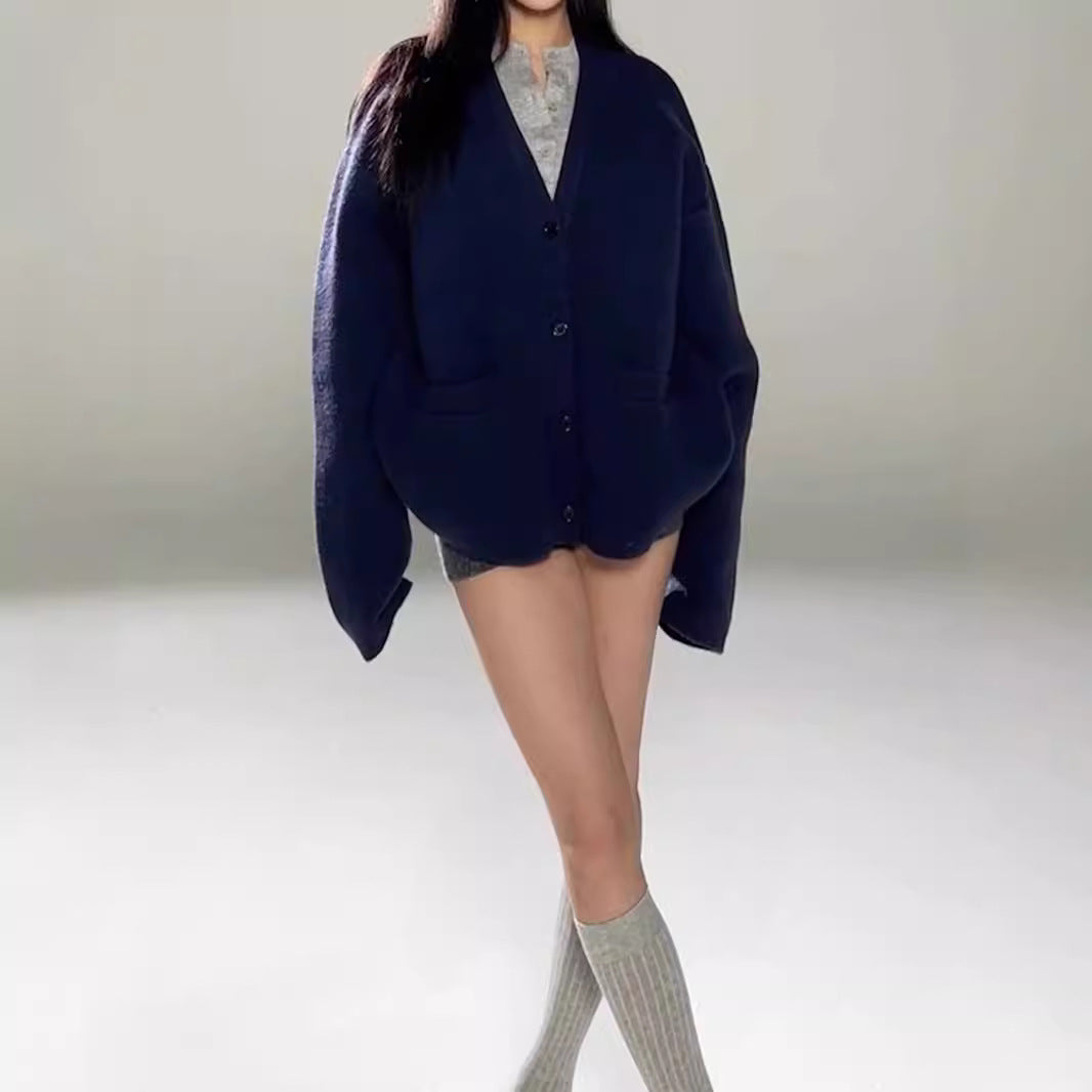 Thick Retro Chic Deep V-Neck Oversized Loose Knit Cardigan Sweater Coat Outerwear