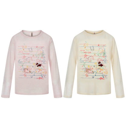 graffiti printed lightweight cover-up T-shirt breathable round neck loose sunscreen long sleeve