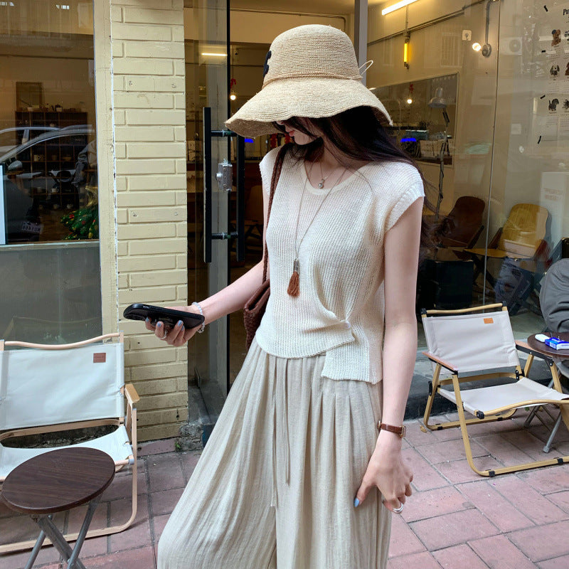 Thai Style Sleeveless Knit Cardigan Vest Buttoned Waist-Cinched Short Top