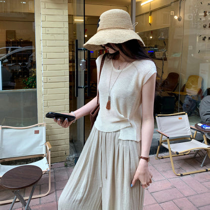 Thai Style Sleeveless Knit Cardigan Vest Buttoned Waist-Cinched Short Top