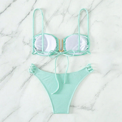 Solid Color Sexy Bikini Set, Three-Piece Beach Swimwear for Women