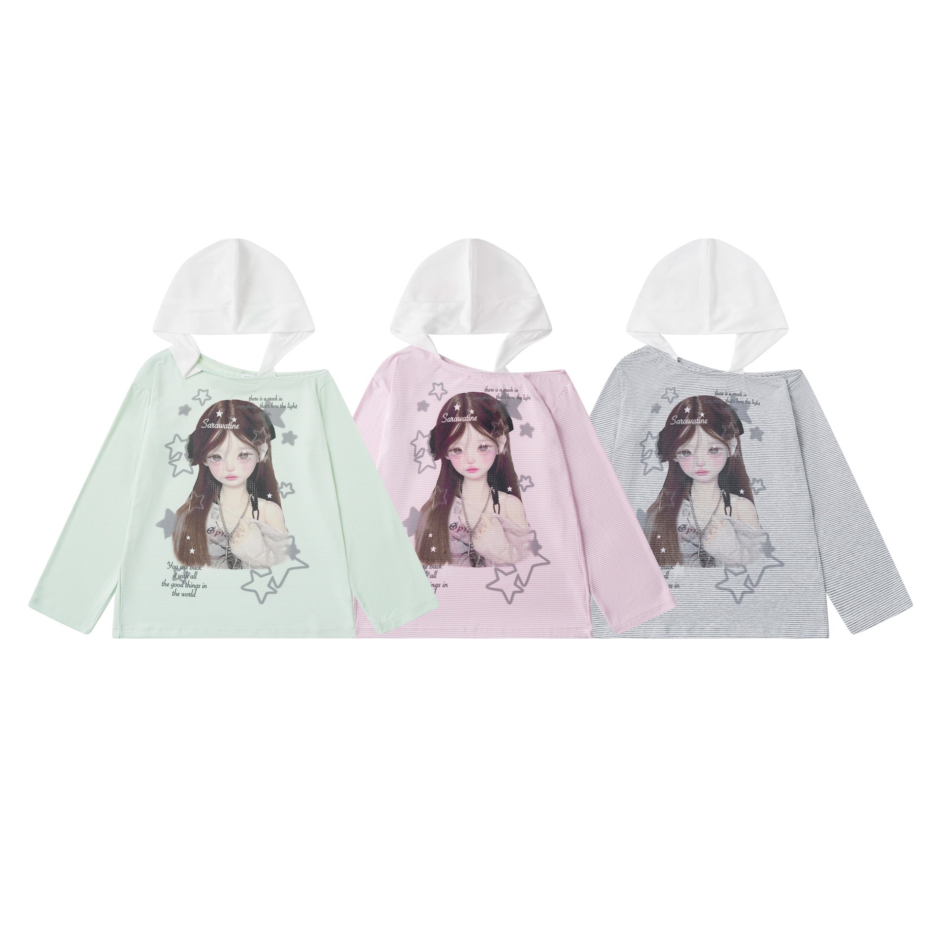 Star Print Top with Color-Block Hooded Long Sleeves