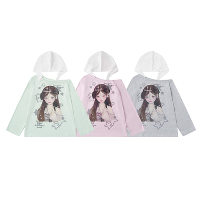 Star Print Top with Color-Block Hooded Long Sleeves