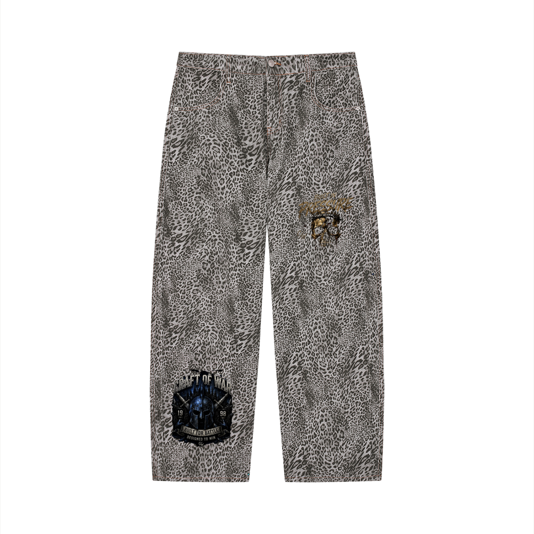 Unisex Vintage Wash Leopard Wide Leg Jeans